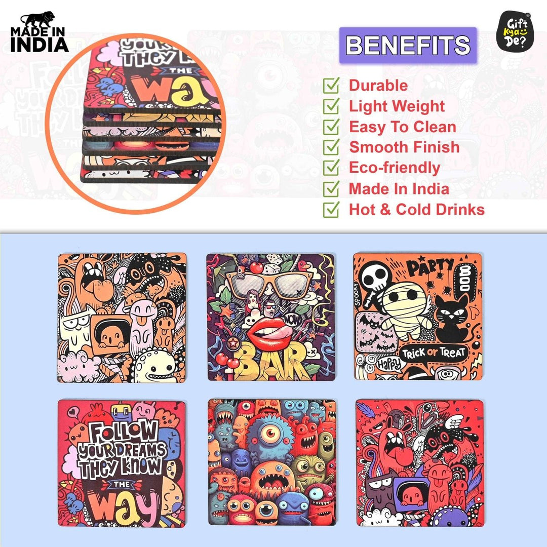 Gift Kya De Coaster Set of 6 Doodle & Emotive Design | Wooden Coasters With Coaster Stand | Kitchen Accessories (Ecofriendly)