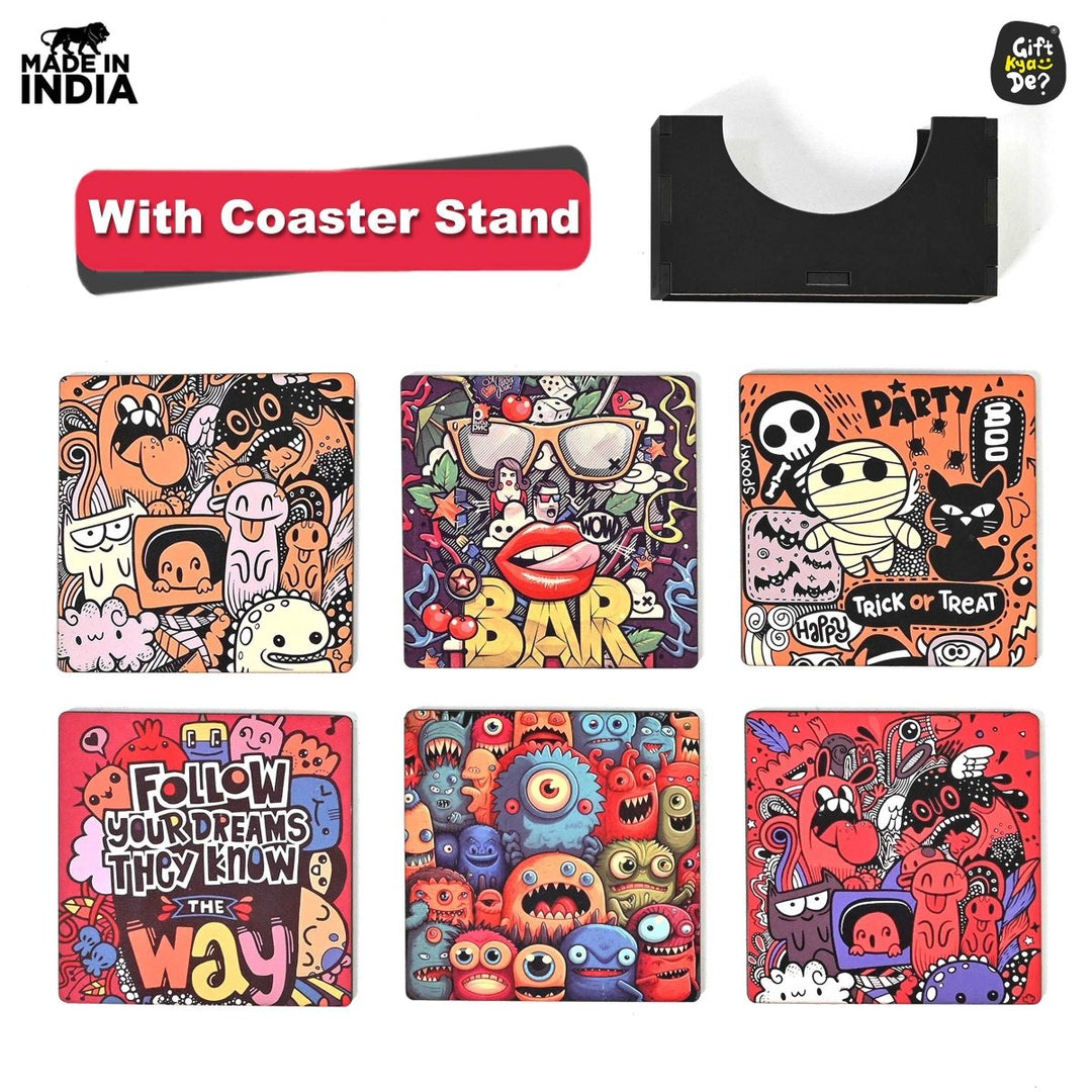 Gift Kya De Coaster Set of 6 Doodle & Emotive Design | Wooden Coasters With Coaster Stand | Kitchen Accessories (Ecofriendly)