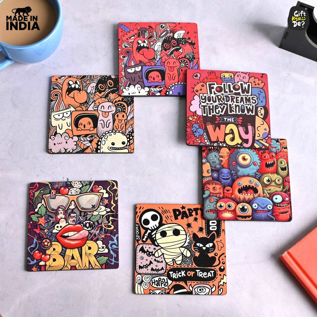 Gift Kya De Coaster Set of 6 Doodle & Emotive Design | Wooden Coasters With Coaster Stand | Kitchen Accessories (Ecofriendly)