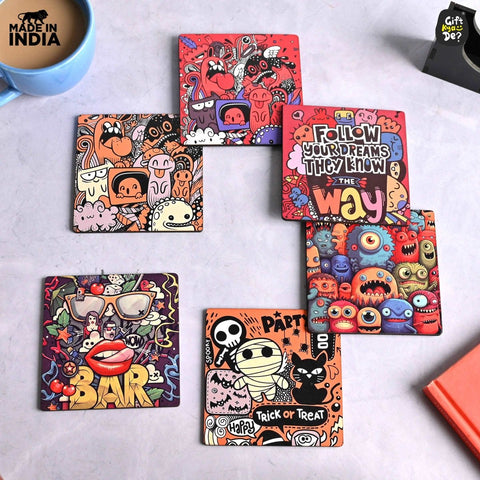 Gift Kya De Coaster Set of 6 Doodle & Emotive Design | Wooden Coasters With Coaster Stand | Kitchen Accessories (Ecofriendly)