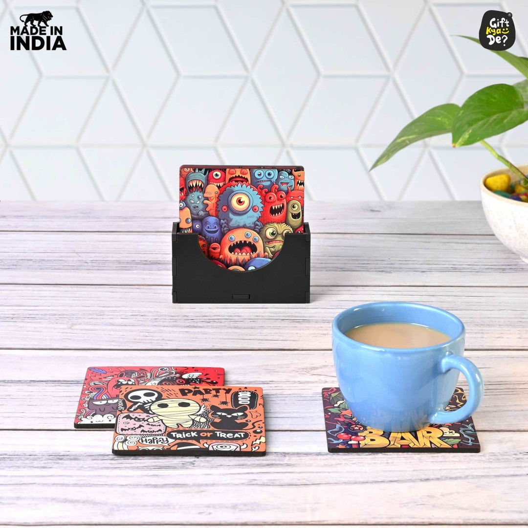 Gift Kya De Coaster Set of 6 Doodle & Emotive Design | Wooden Coasters With Coaster Stand | Kitchen Accessories (Ecofriendly)