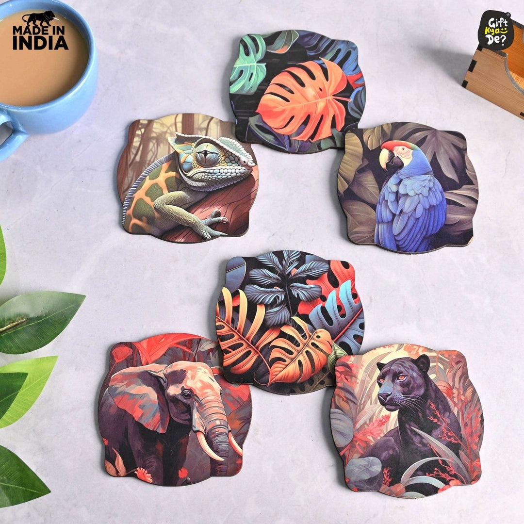 Gift Kya De Coaster Set of 6 Unique Birds & Jungle Theme Design | Wooden Coasters to Serve Tea Cups, Coffee Mugs and Glasses (Ecofriendly)