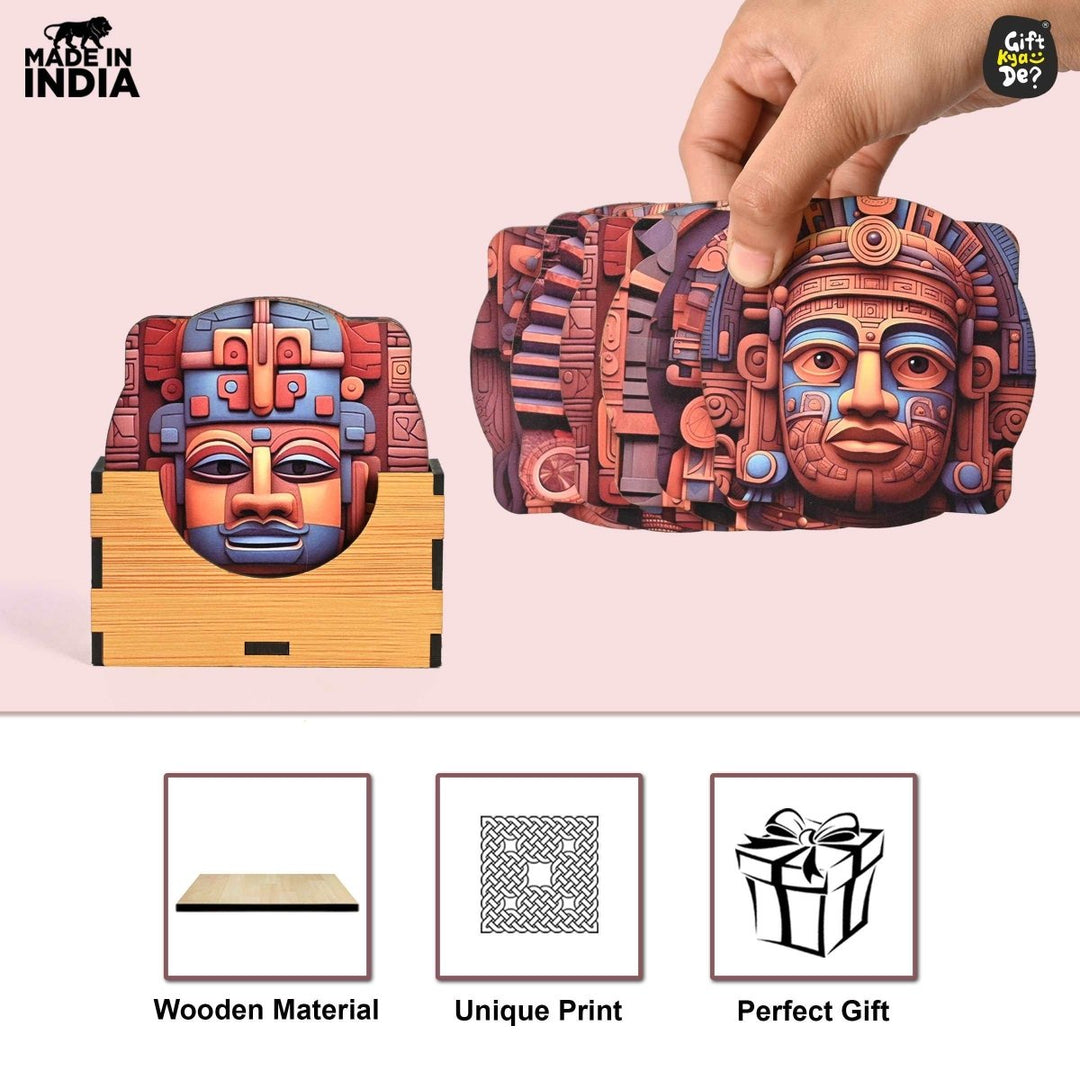 Gift Kya De Coaster Set of 6 Mayan Art & Astronaut Design | Wooden Coasters to Serve Tea Cups, Coffee Mugs and Glasses