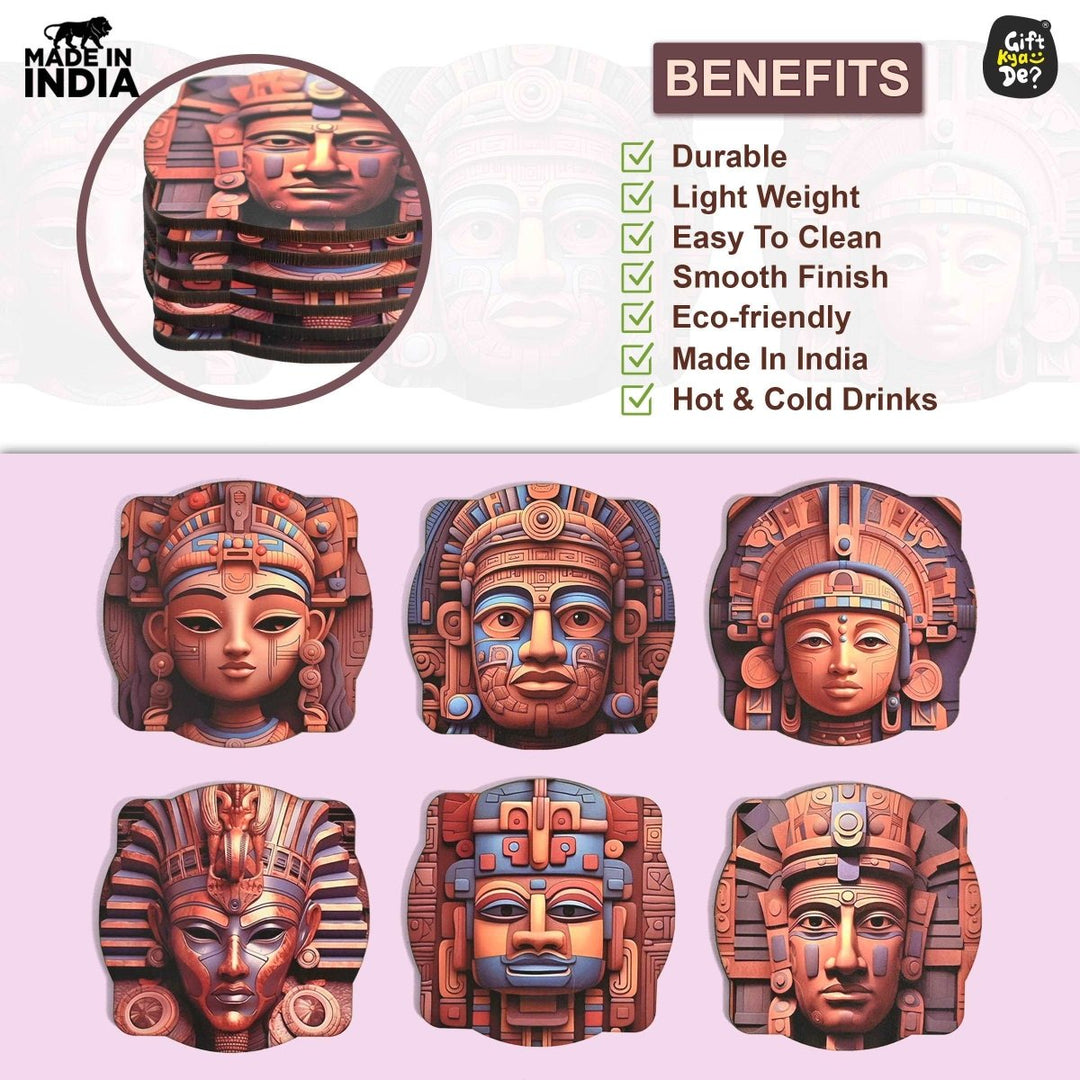 Gift Kya De Coaster Set of 6 Mayan Art & Astronaut Design | Wooden Coasters to Serve Tea Cups, Coffee Mugs and Glasses