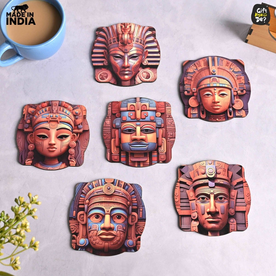Gift Kya De Coaster Set of 6 Mayan Art & Astronaut Design | Wooden Coasters to Serve Tea Cups, Coffee Mugs and Glasses