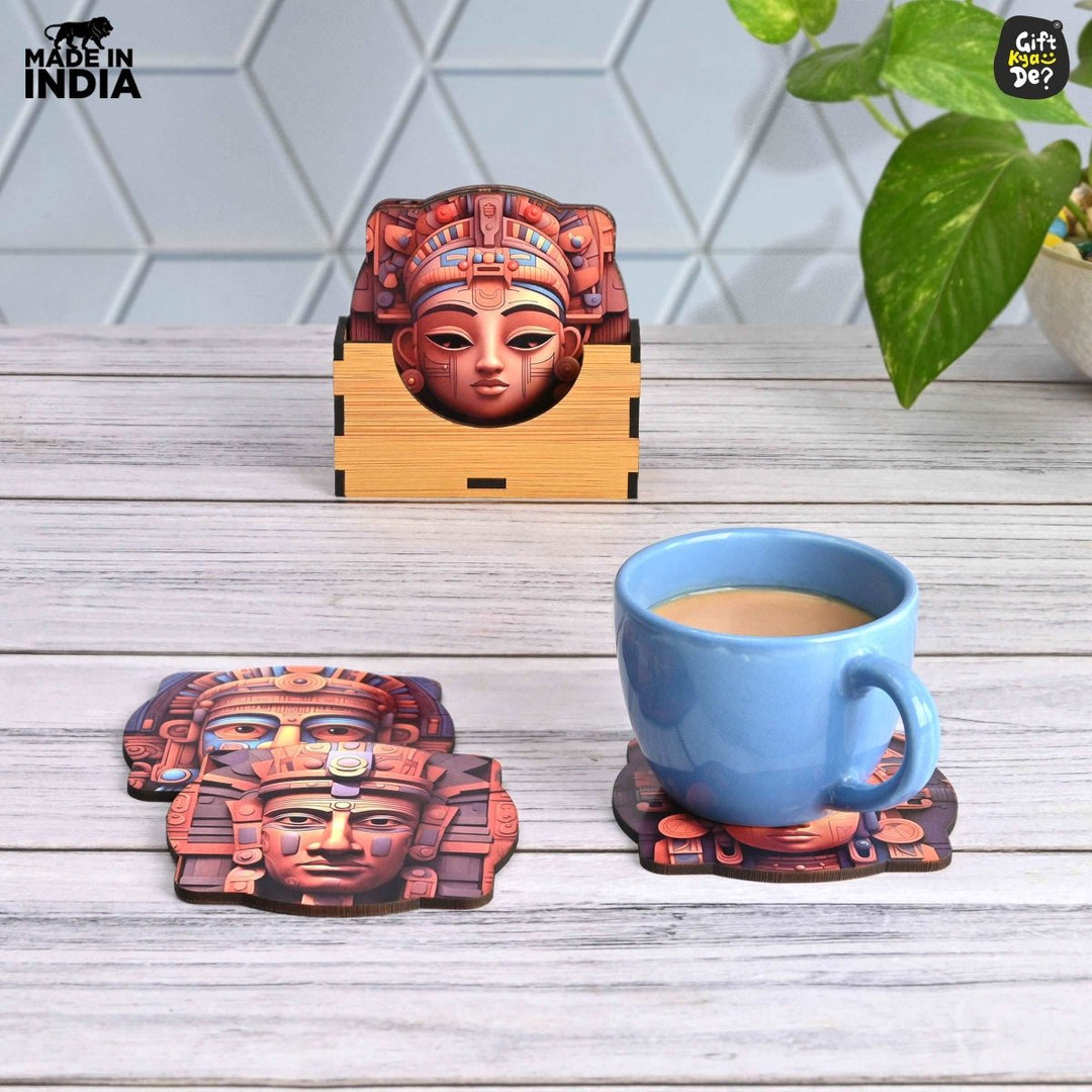 Gift Kya De Coaster Set of 6 Mayan Art & Astronaut Design | Wooden Coasters to Serve Tea Cups, Coffee Mugs and Glasses