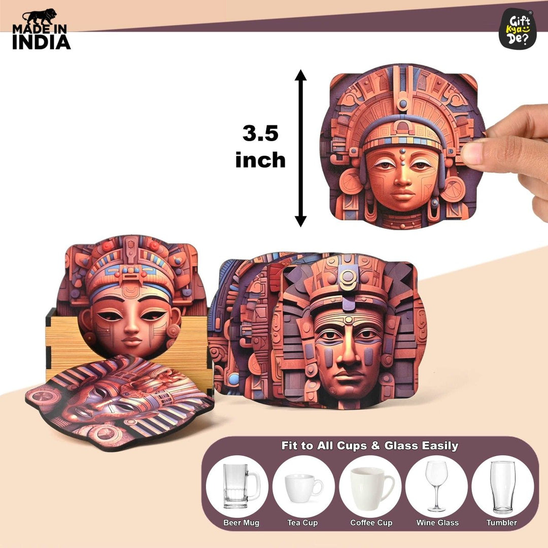 Gift Kya De Coaster Set of 6 Mayan Art & Astronaut Design | Wooden Coasters to Serve Tea Cups, Coffee Mugs and Glasses