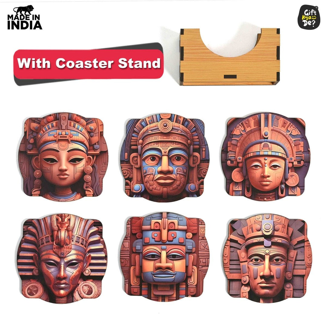 Gift Kya De Coaster Set of 6 Mayan Art & Astronaut Design | Wooden Coasters to Serve Tea Cups, Coffee Mugs and Glasses