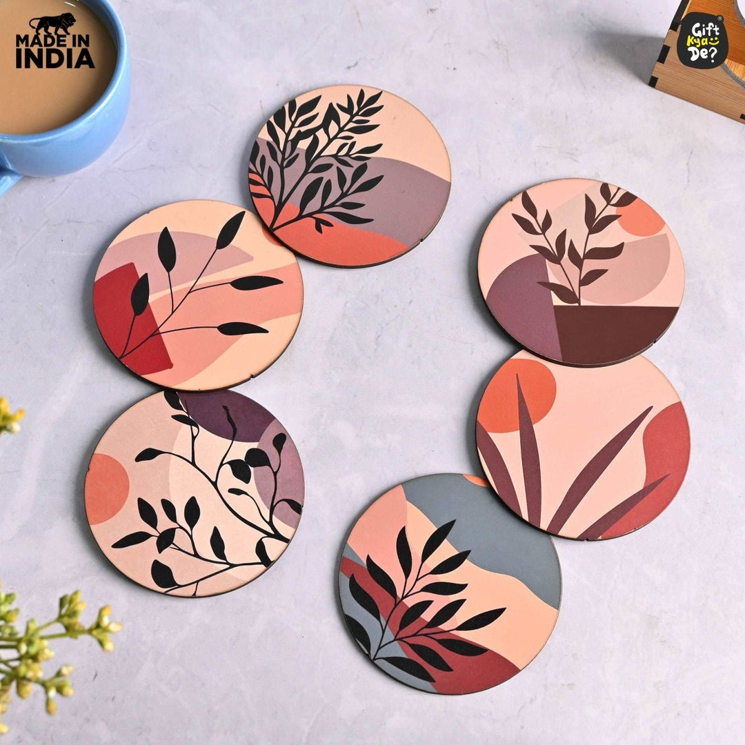 Gift Kya De Coaster Set of 6 Modern Art Design | Wooden Coasters to Serve Tea Cups, Coffee Mugs and Glasses