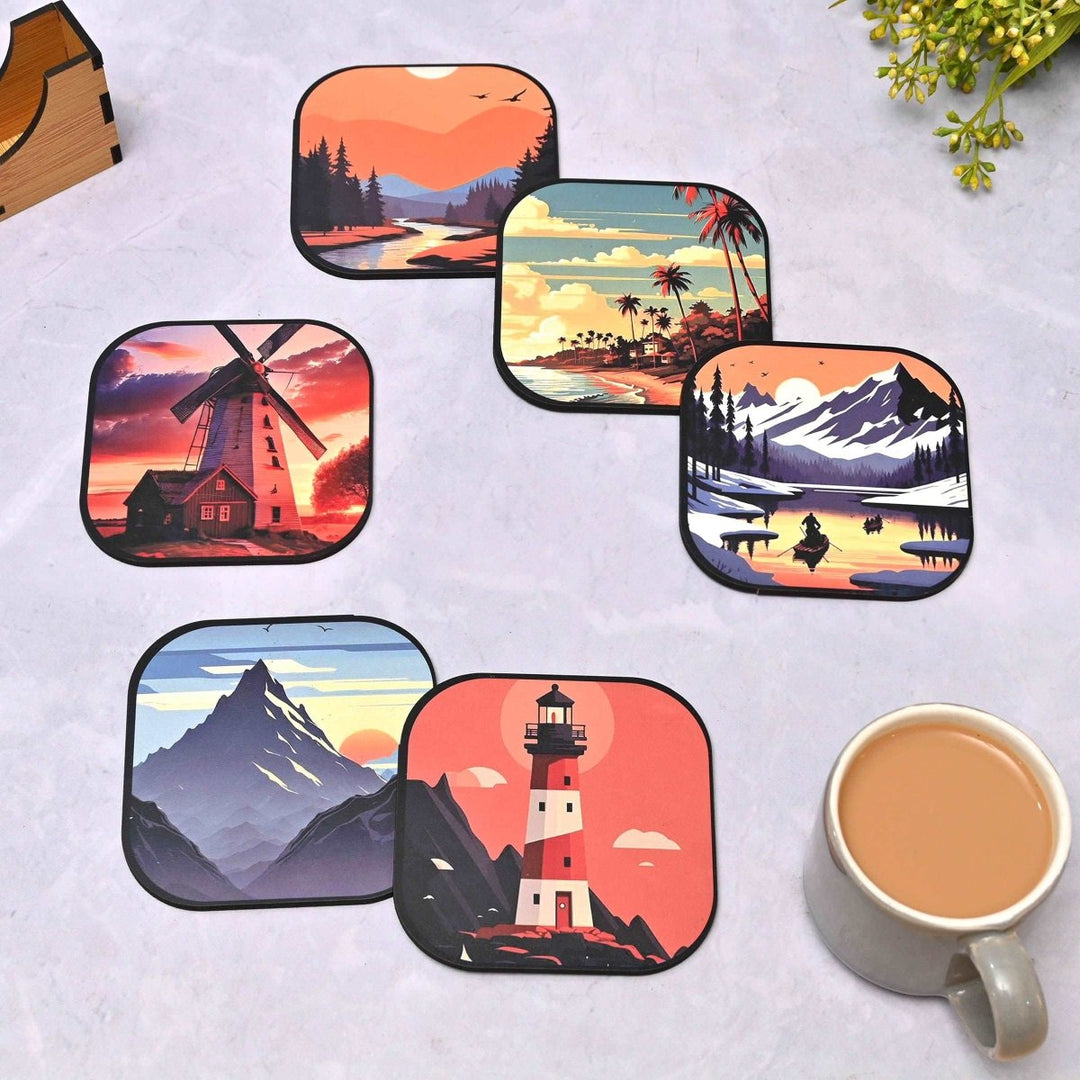 Gift Kya De Coaster Set of 6 Nature & Travel Theme Design | Wooden Coasters to Serve Tea Cups, Coffee Mugs and Glasses