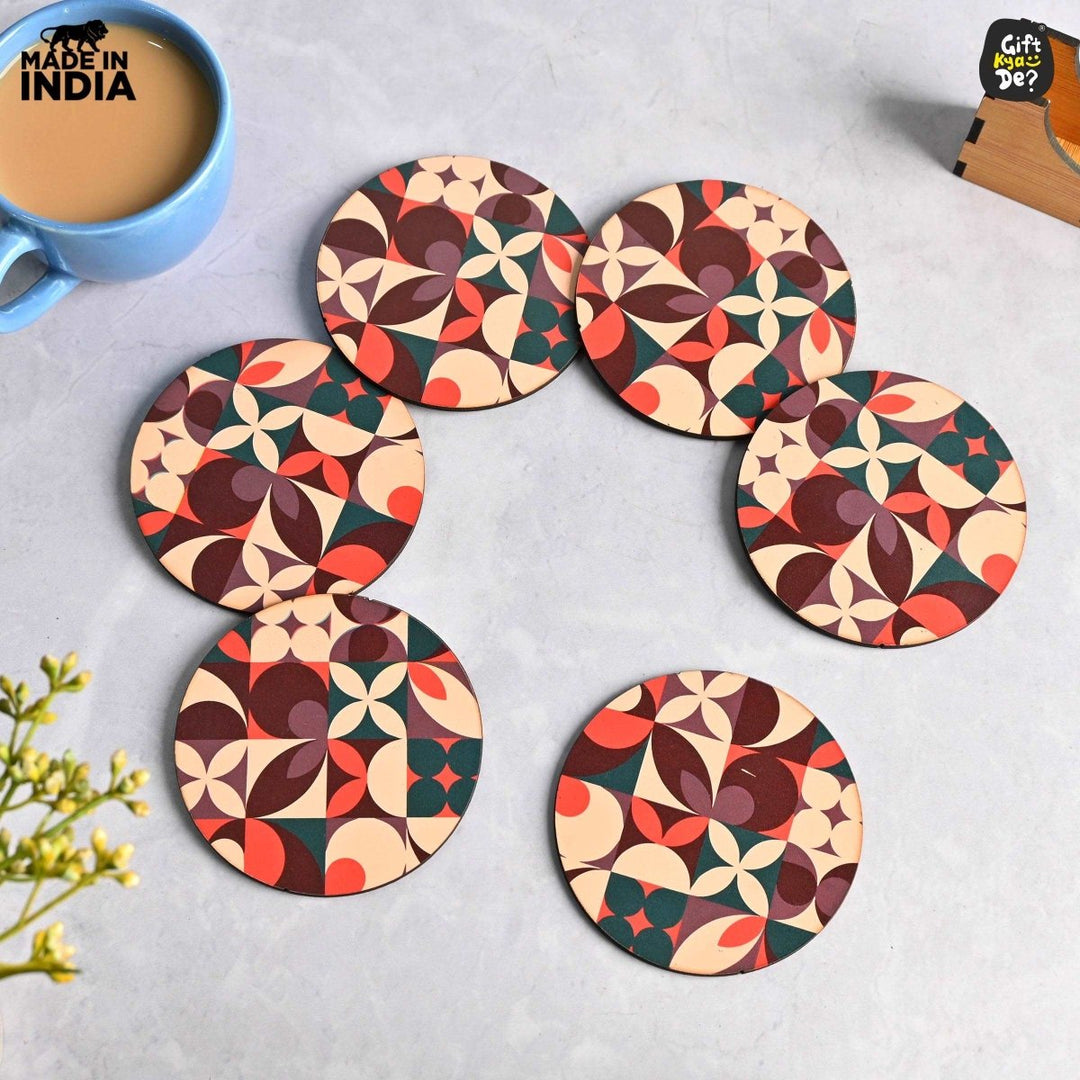 Gift Kya De Coaster Set of 6 Modern Art Design | Wooden Coasters to Serve Tea Cups, Coffee Mugs and Glasses