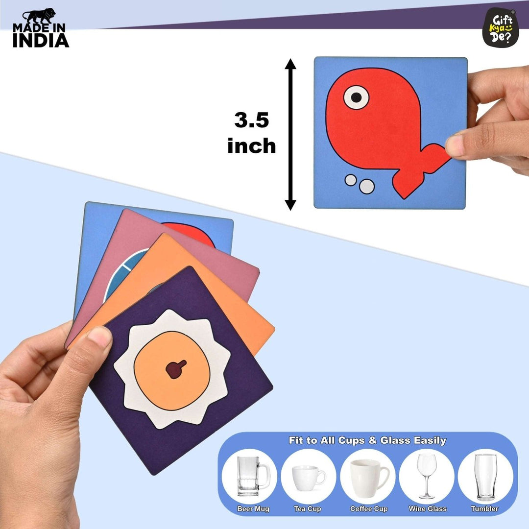 Gift Kya De Coaster Set of 4 & 6 Sea Life & Cartoon Design | Wooden Coasters to Serve Tea Cups, Coffee Mugs and Glasses
