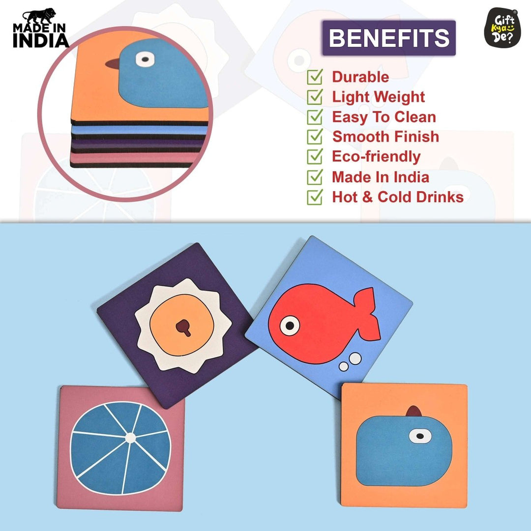 Gift Kya De Coaster Set of 4 & 6 Sea Life & Cartoon Design | Wooden Coasters to Serve Tea Cups, Coffee Mugs and Glasses