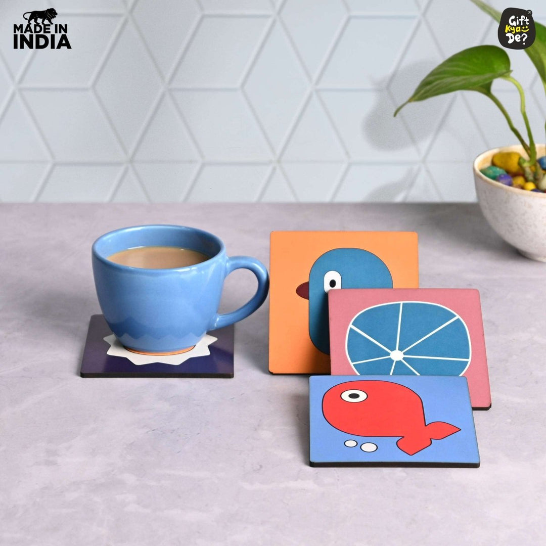 Gift Kya De Coaster Set of 4 & 6 Sea Life & Cartoon Design | Wooden Coasters to Serve Tea Cups, Coffee Mugs and Glasses