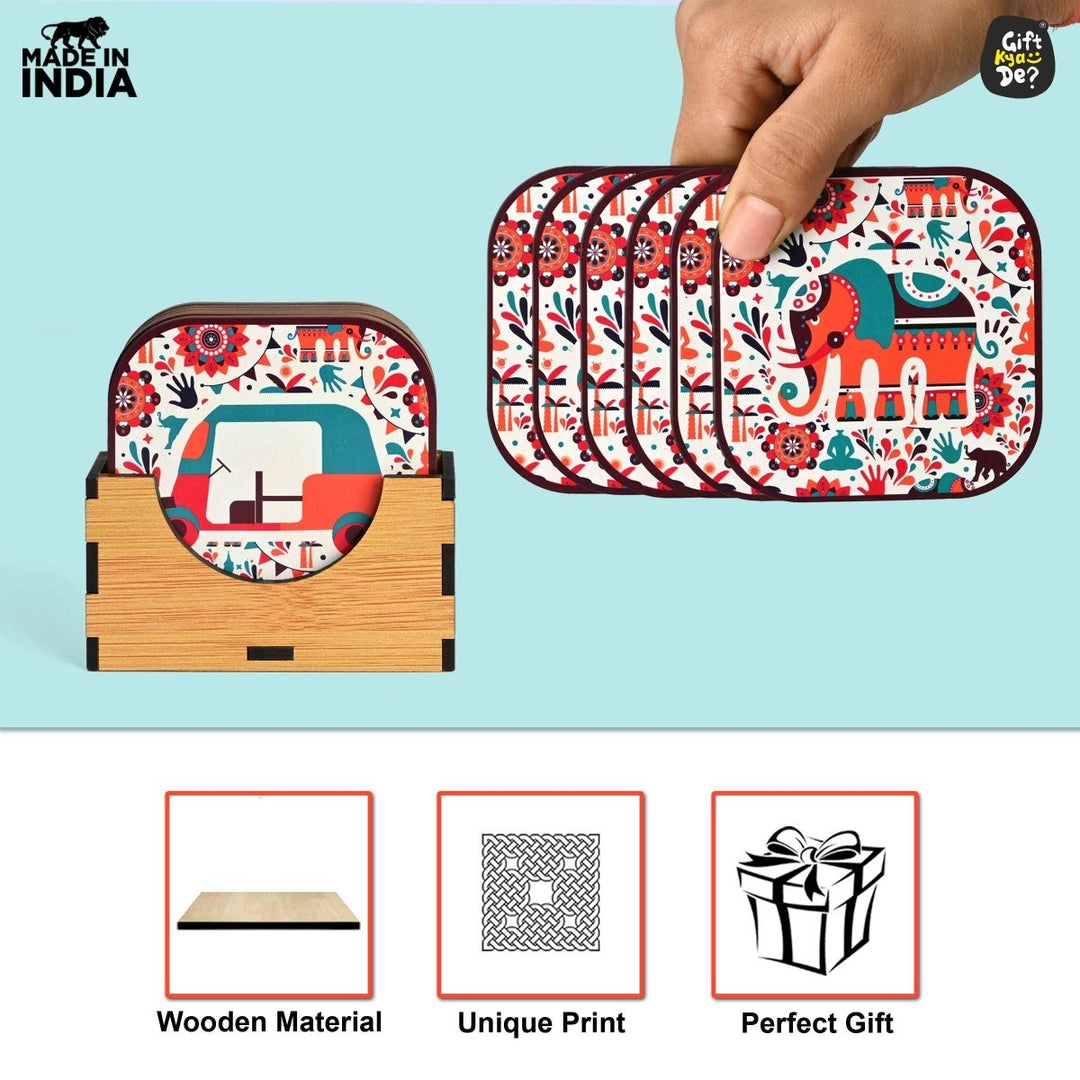 Gift Kya De Coaster Set of 6 Vibrant & Colorful India Design | Wooden Coasters With Coaster Stand | Kitchen Accessories (Ecofriendly)