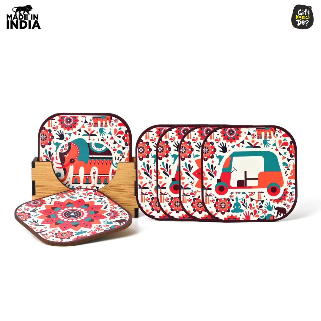 Gift Kya De Coaster Set of 6 Vibrant & Colorful India Design | Wooden Coasters With Coaster Stand | Kitchen Accessories (Ecofriendly)