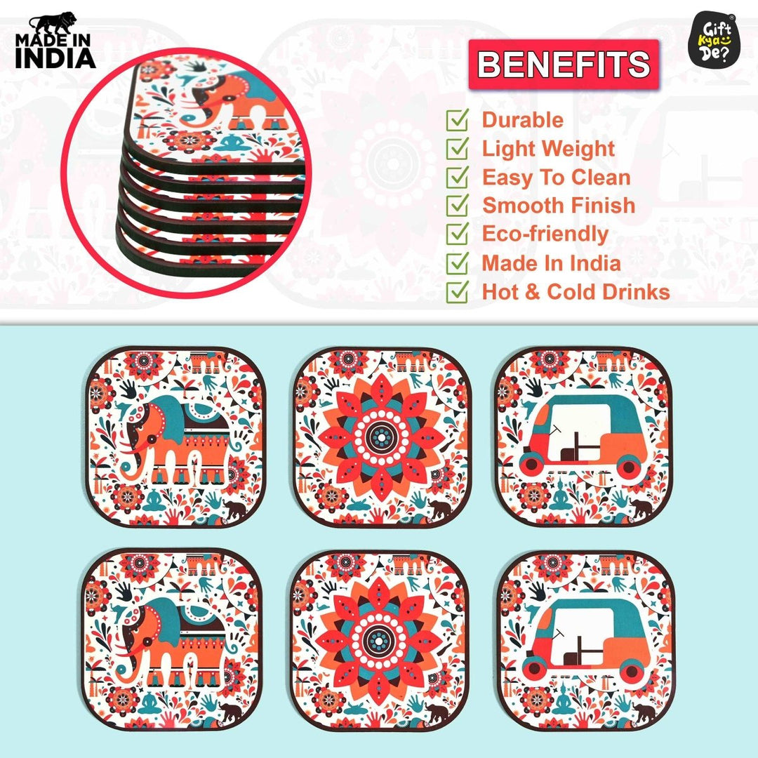 Gift Kya De Coaster Set of 6 Vibrant & Colorful India Design | Wooden Coasters With Coaster Stand | Kitchen Accessories (Ecofriendly)