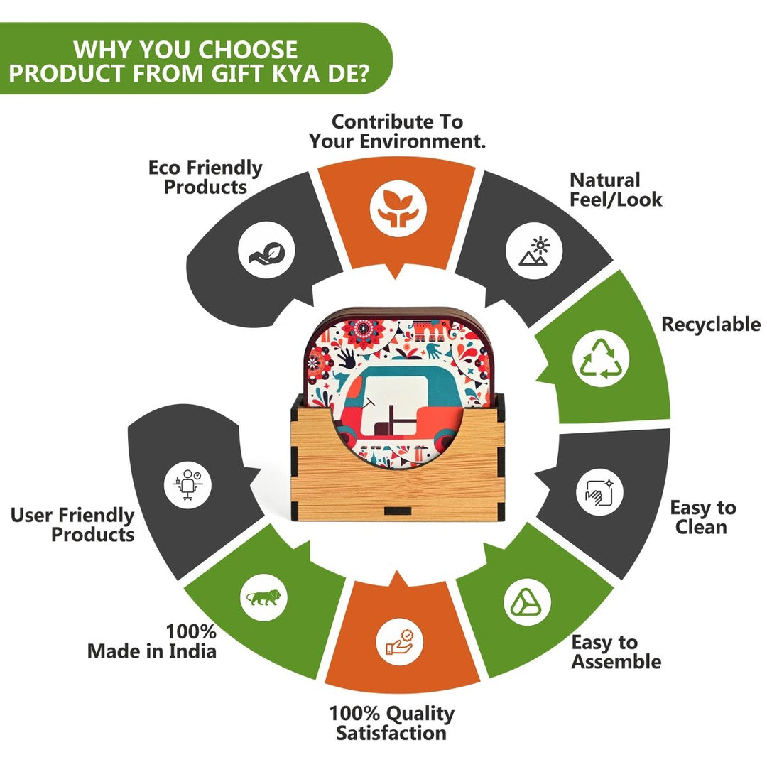 Gift Kya De Coaster Set of 6 Vibrant & Colorful India Design | Wooden Coasters With Coaster Stand | Kitchen Accessories (Ecofriendly)