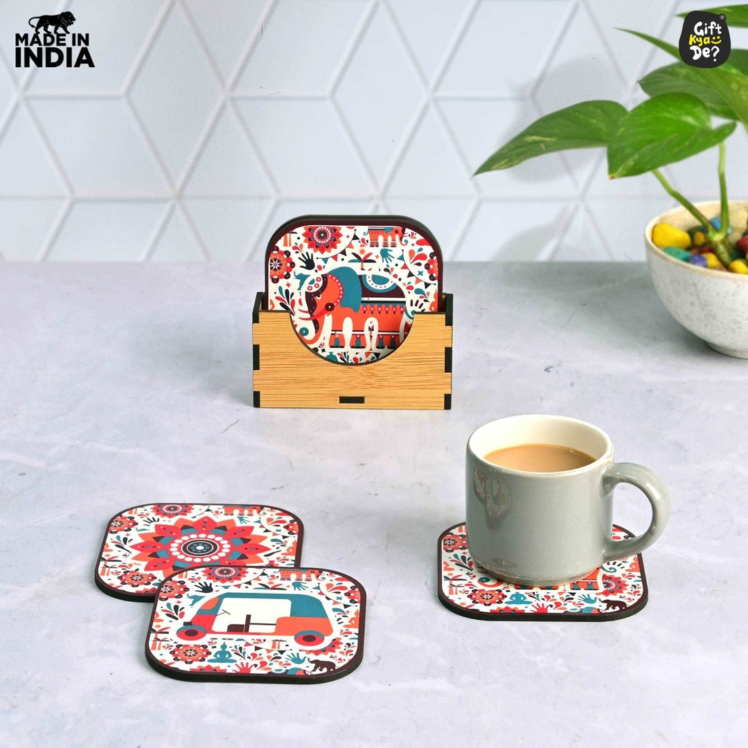 Gift Kya De Coaster Set of 6 Vibrant & Colorful India Design | Wooden Coasters With Coaster Stand | Kitchen Accessories (Ecofriendly)