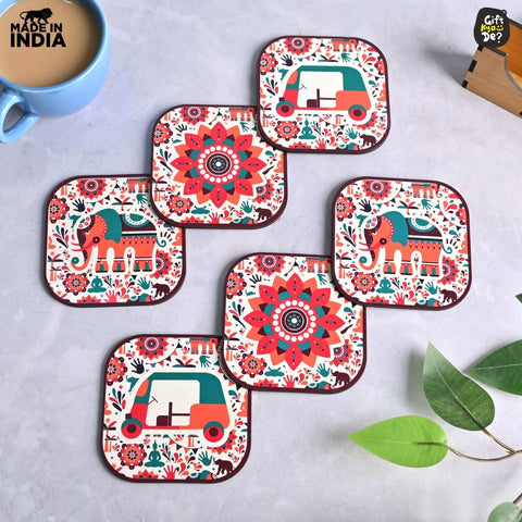 Gift Kya De Coaster Set of 6 Vibrant & Colorful India Design | Wooden Coasters With Coaster Stand | Kitchen Accessories (Ecofriendly)