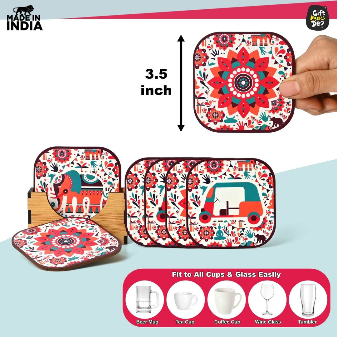 Gift Kya De Coaster Set of 6 Vibrant & Colorful India Design | Wooden Coasters With Coaster Stand | Kitchen Accessories (Ecofriendly)