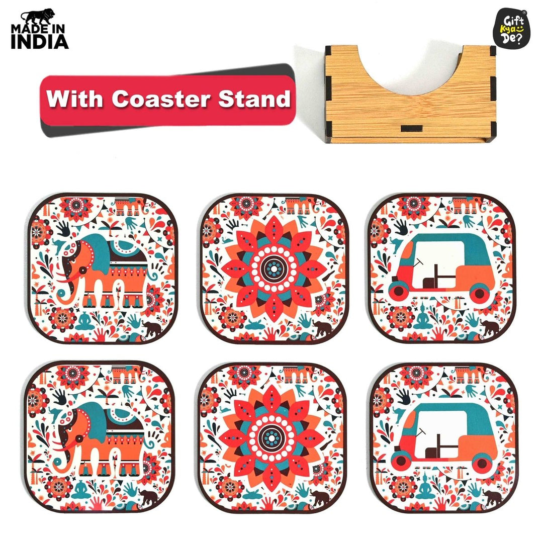 Gift Kya De Coaster Set of 6 Vibrant & Colorful India Design | Wooden Coasters With Coaster Stand | Kitchen Accessories (Ecofriendly)