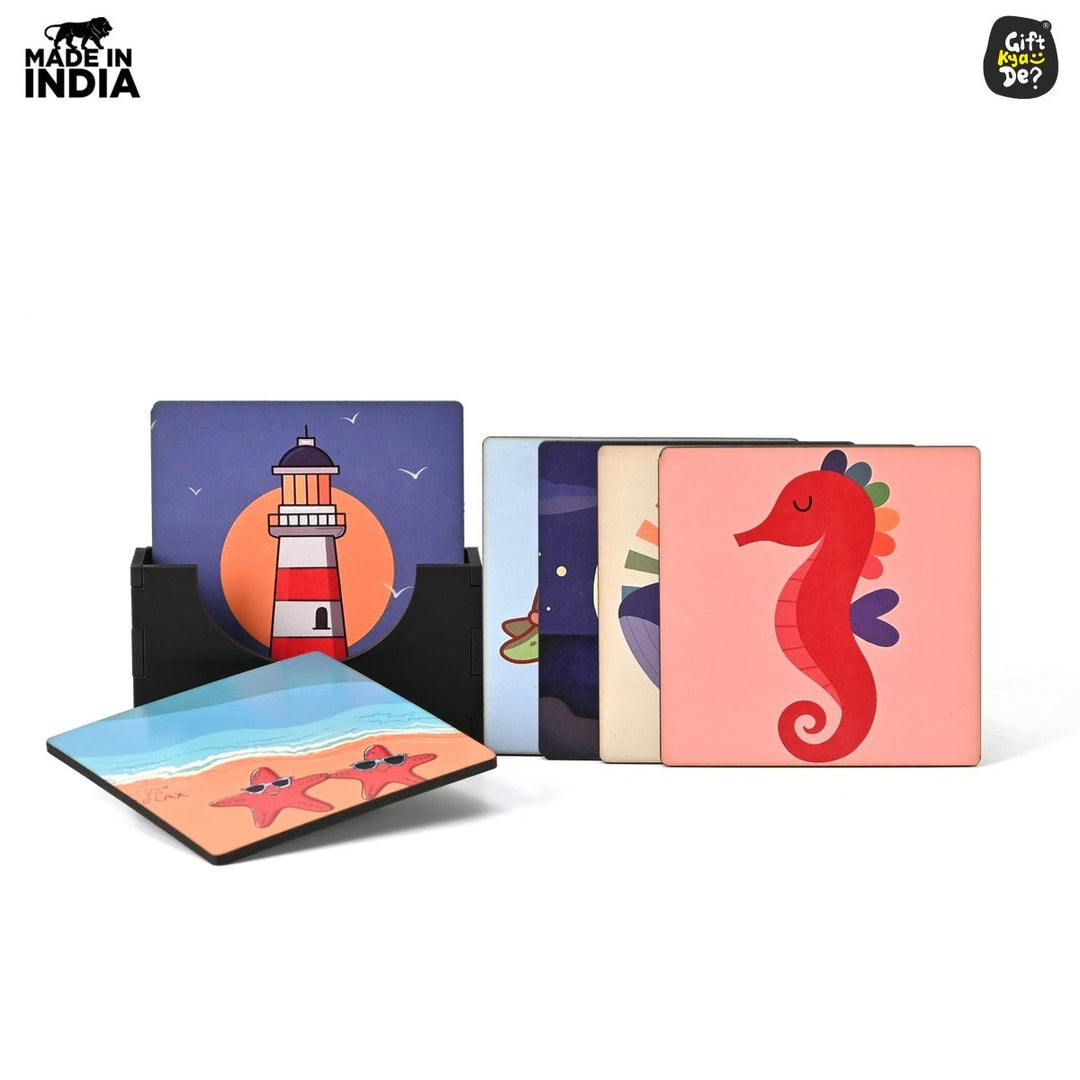 Gift Kya De Coaster Set of 4 & 6 Sea Life & Cartoon Design | Wooden Coasters to Serve Tea Cups, Coffee Mugs and Glasses