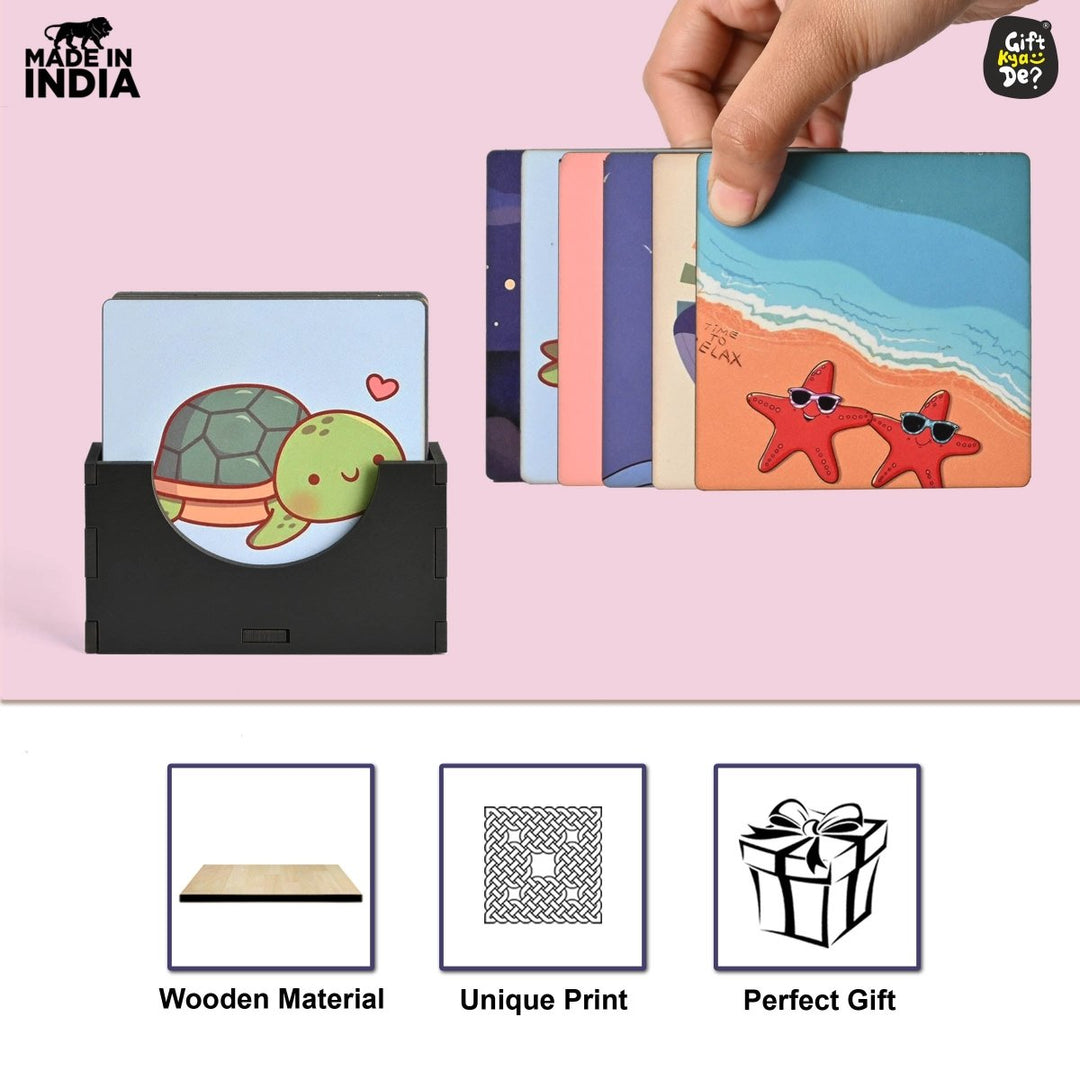 Gift Kya De Coaster Set of 4 & 6 Sea Life & Cartoon Design | Wooden Coasters to Serve Tea Cups, Coffee Mugs and Glasses
