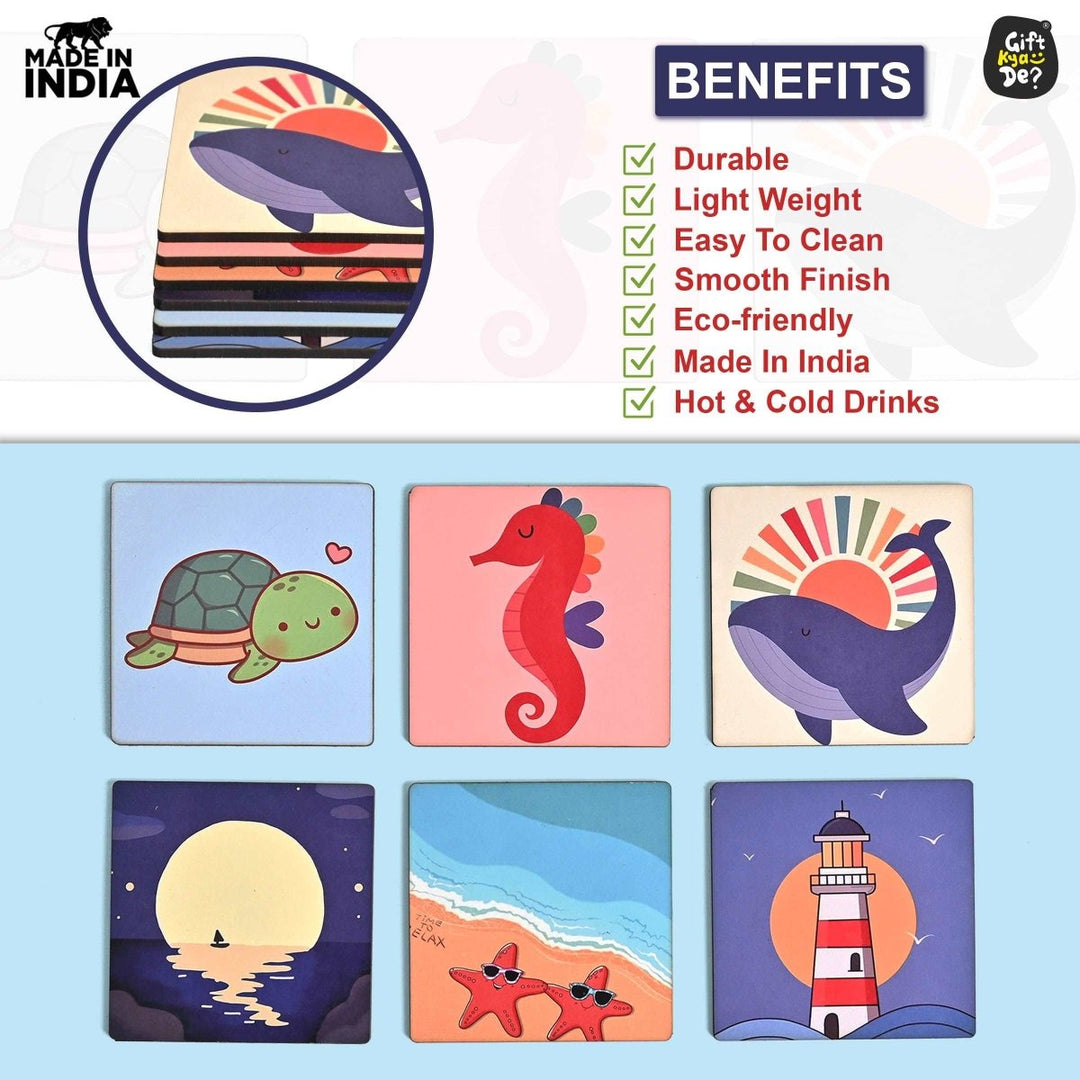 Gift Kya De Coaster Set of 4 & 6 Sea Life & Cartoon Design | Wooden Coasters to Serve Tea Cups, Coffee Mugs and Glasses