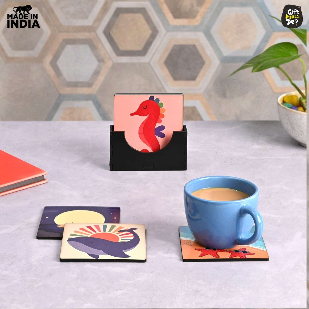 Gift Kya De Coaster Set of 4 & 6 Sea Life & Cartoon Design | Wooden Coasters to Serve Tea Cups, Coffee Mugs and Glasses