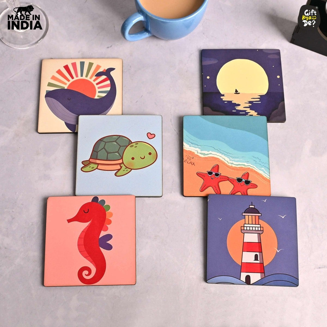 Gift Kya De Coaster Set of 4 & 6 Sea Life & Cartoon Design | Wooden Coasters to Serve Tea Cups, Coffee Mugs and Glasses