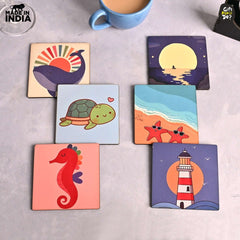 Gift Kya De Coaster Set of 4 & 6 Sea Life & Cartoon Design | Wooden Coasters to Serve Tea Cups, Coffee Mugs and Glasses