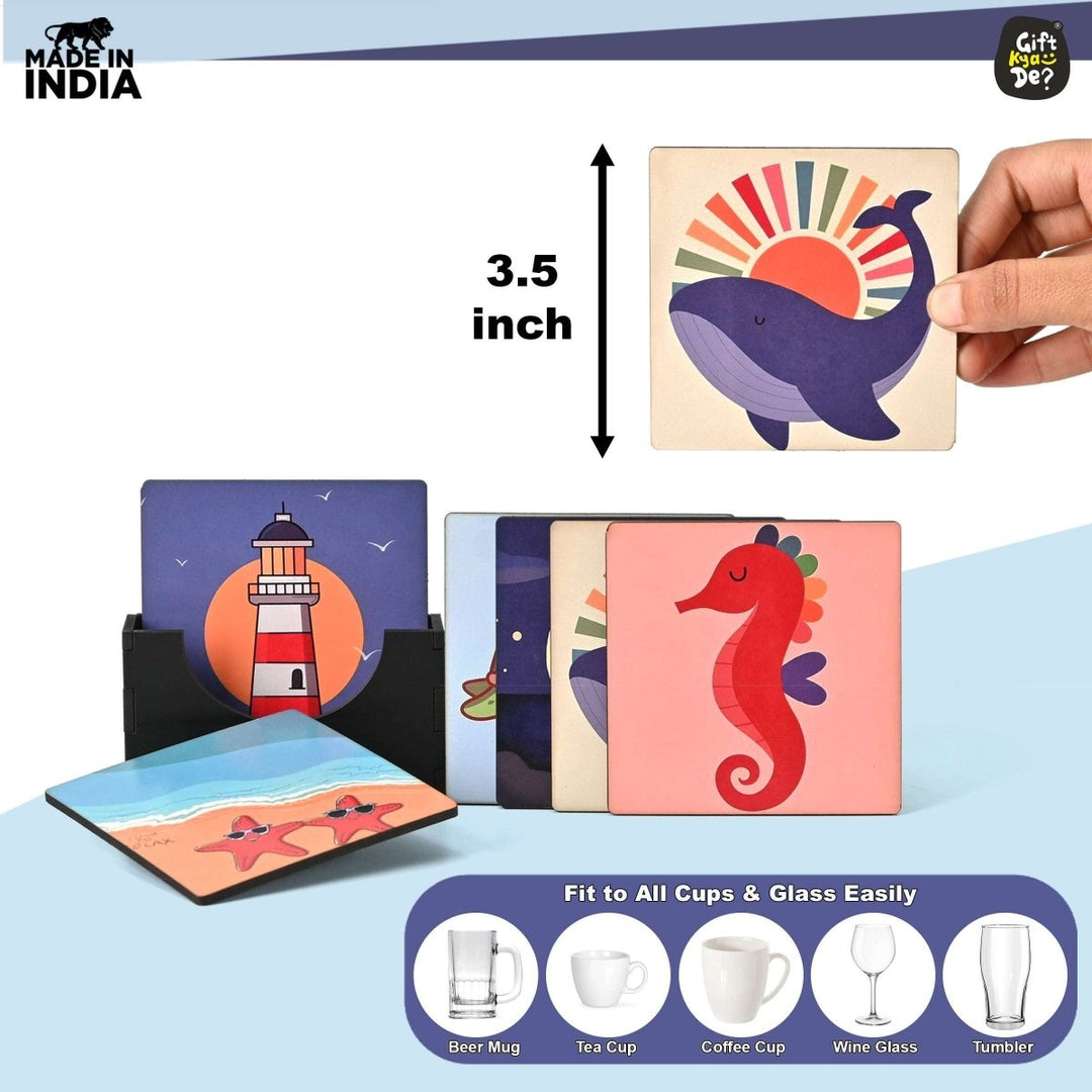 Gift Kya De Coaster Set of 4 & 6 Sea Life & Cartoon Design | Wooden Coasters to Serve Tea Cups, Coffee Mugs and Glasses