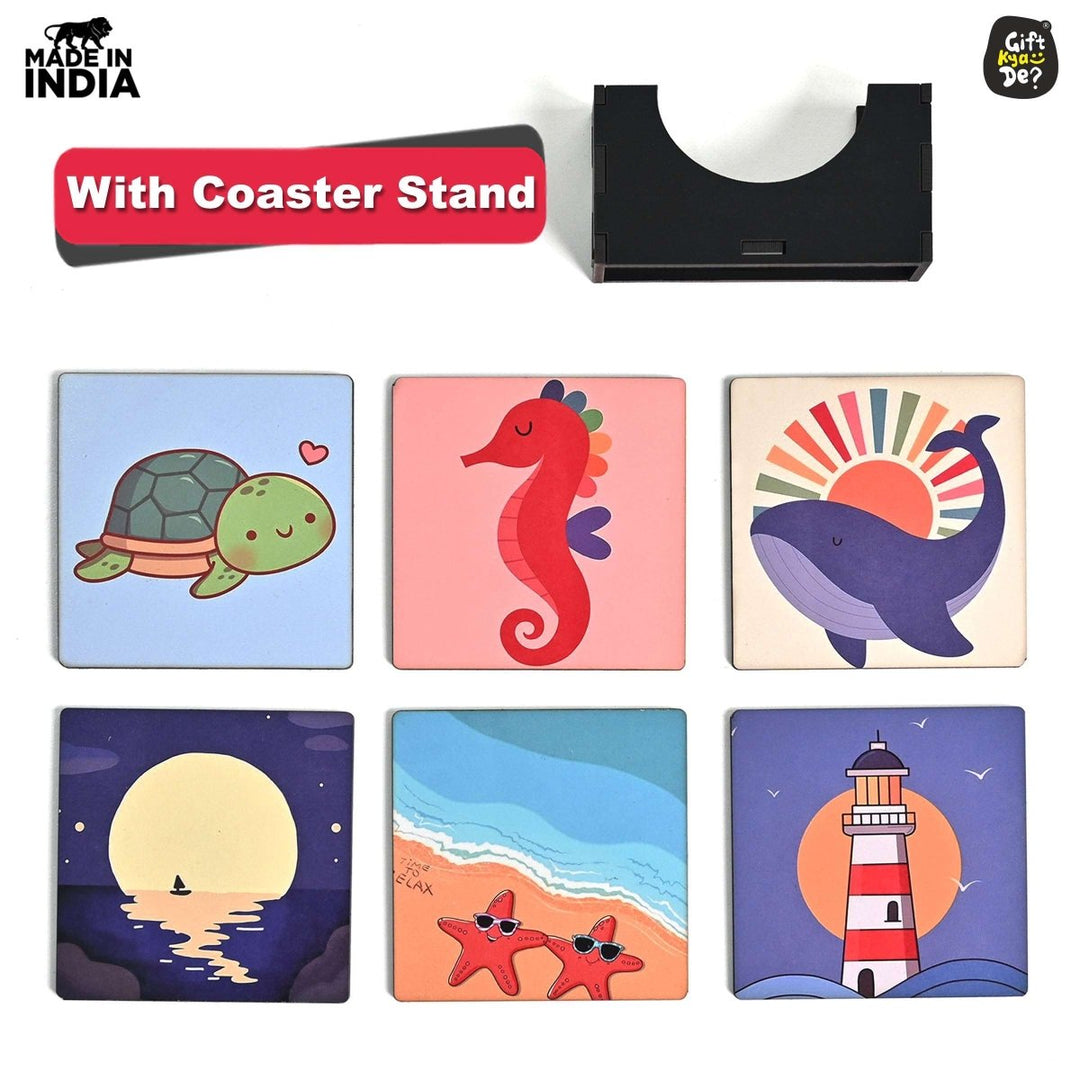 Gift Kya De Coaster Set of 4 & 6 Sea Life & Cartoon Design | Wooden Coasters to Serve Tea Cups, Coffee Mugs and Glasses