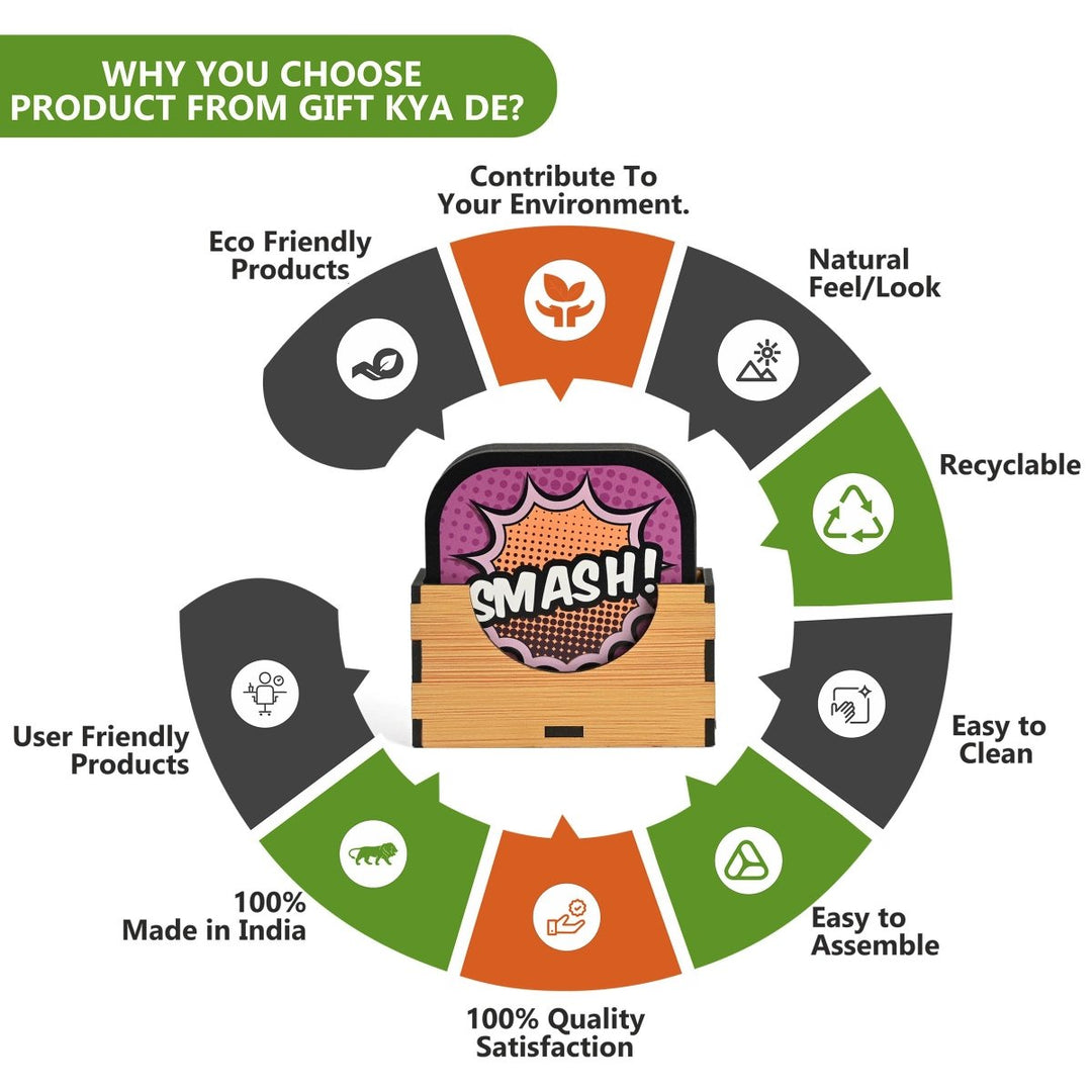 Gift Kya De Coaster Set of 6 Doodle & Emotive Design | Wooden Coasters With Coaster Stand | Kitchen Accessories (Ecofriendly)