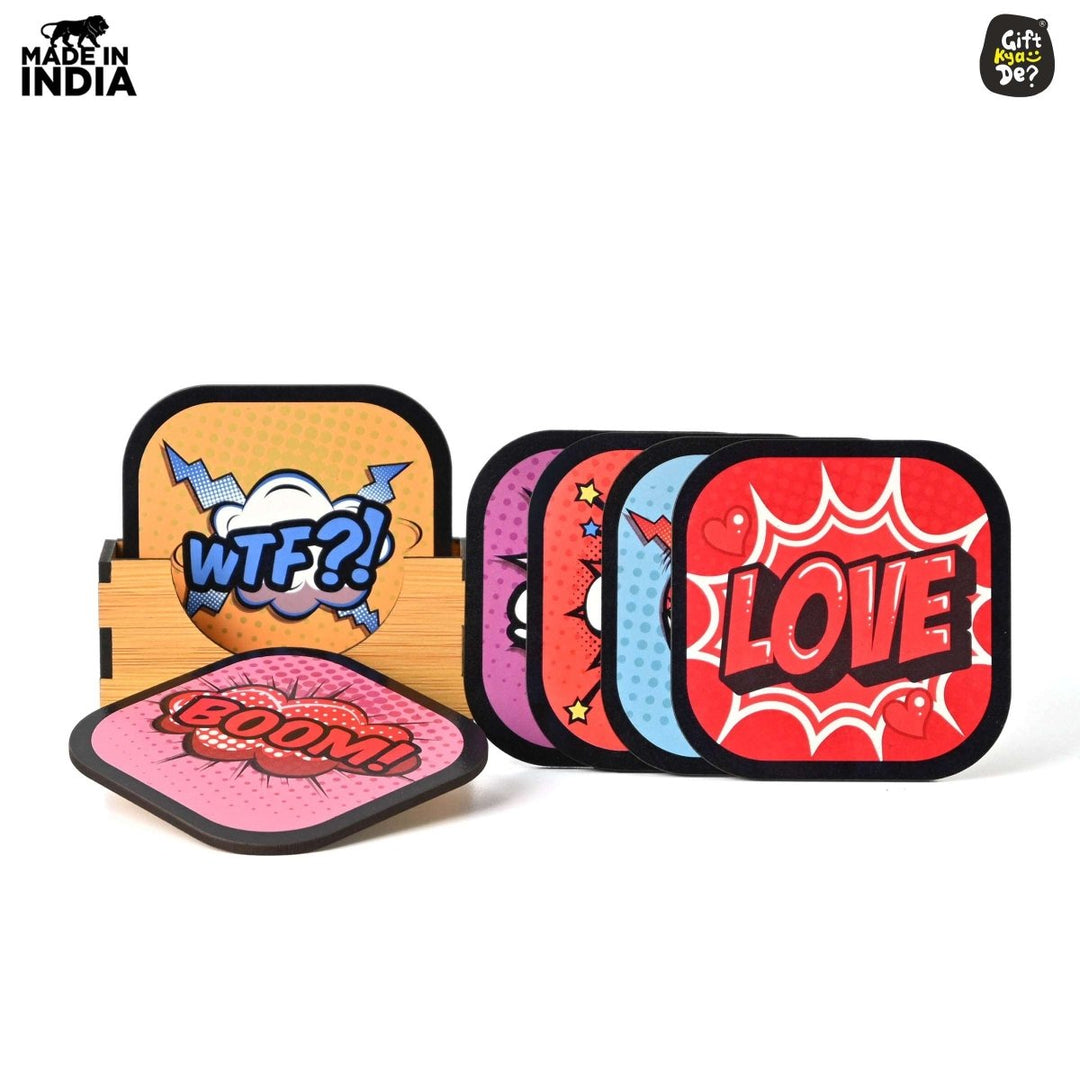 Gift Kya De Coaster Set of 6 Doodle & Emotive Design | Wooden Coasters With Coaster Stand | Kitchen Accessories (Ecofriendly)