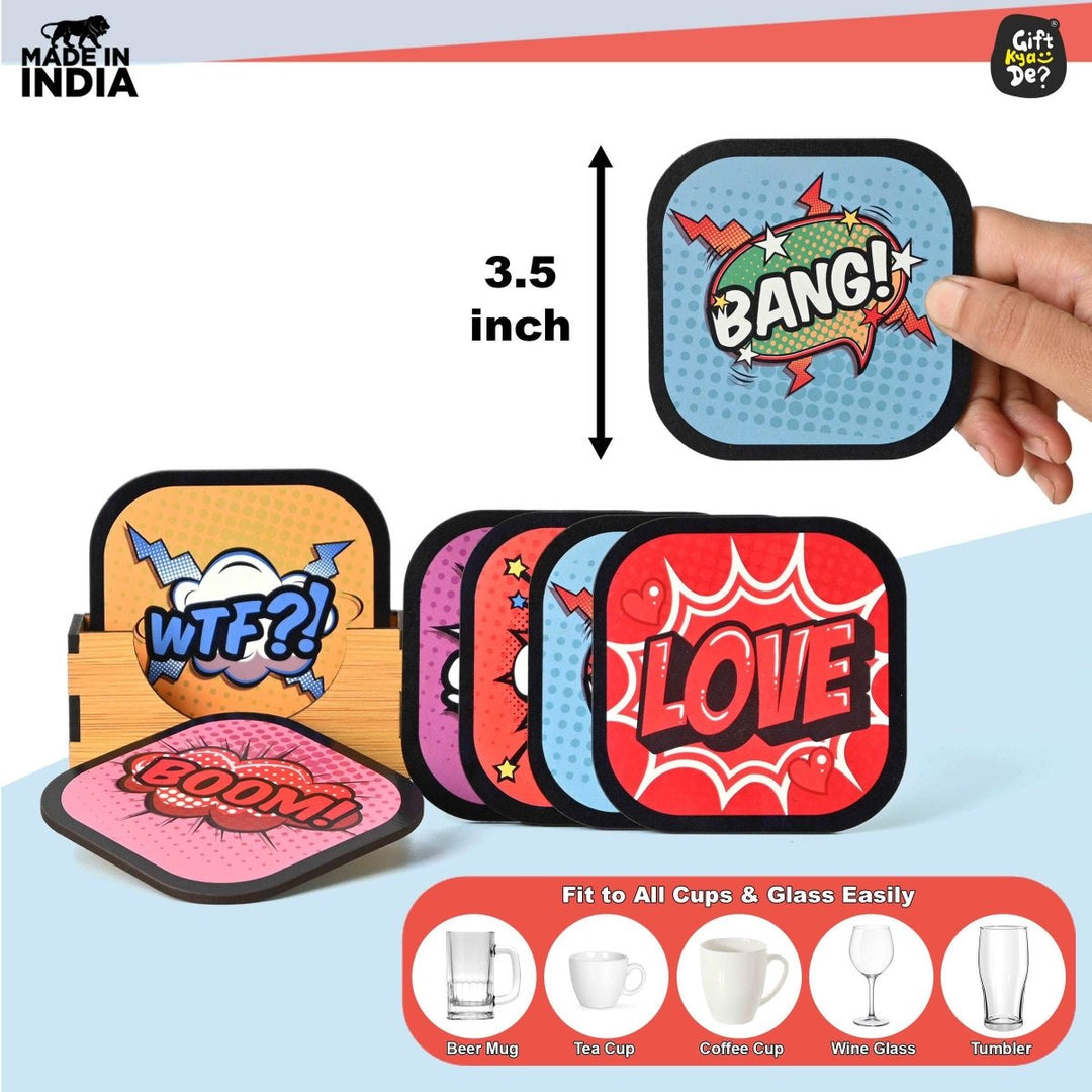 Gift Kya De Coaster Set of 6 Doodle & Emotive Design | Wooden Coasters With Coaster Stand | Kitchen Accessories (Ecofriendly)