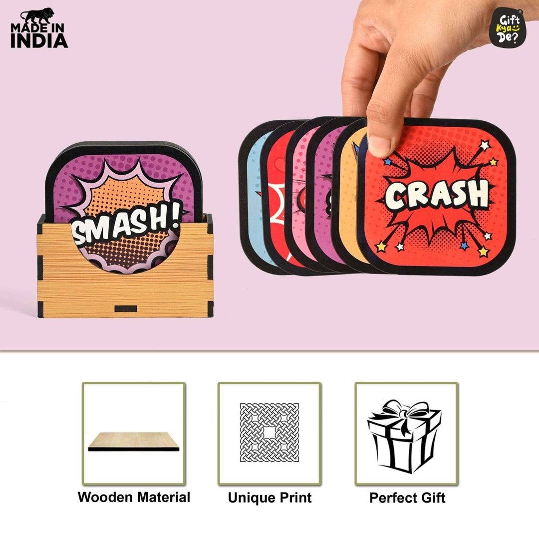 Gift Kya De Coaster Set of 6 Doodle & Emotive Design | Wooden Coasters With Coaster Stand | Kitchen Accessories (Ecofriendly)