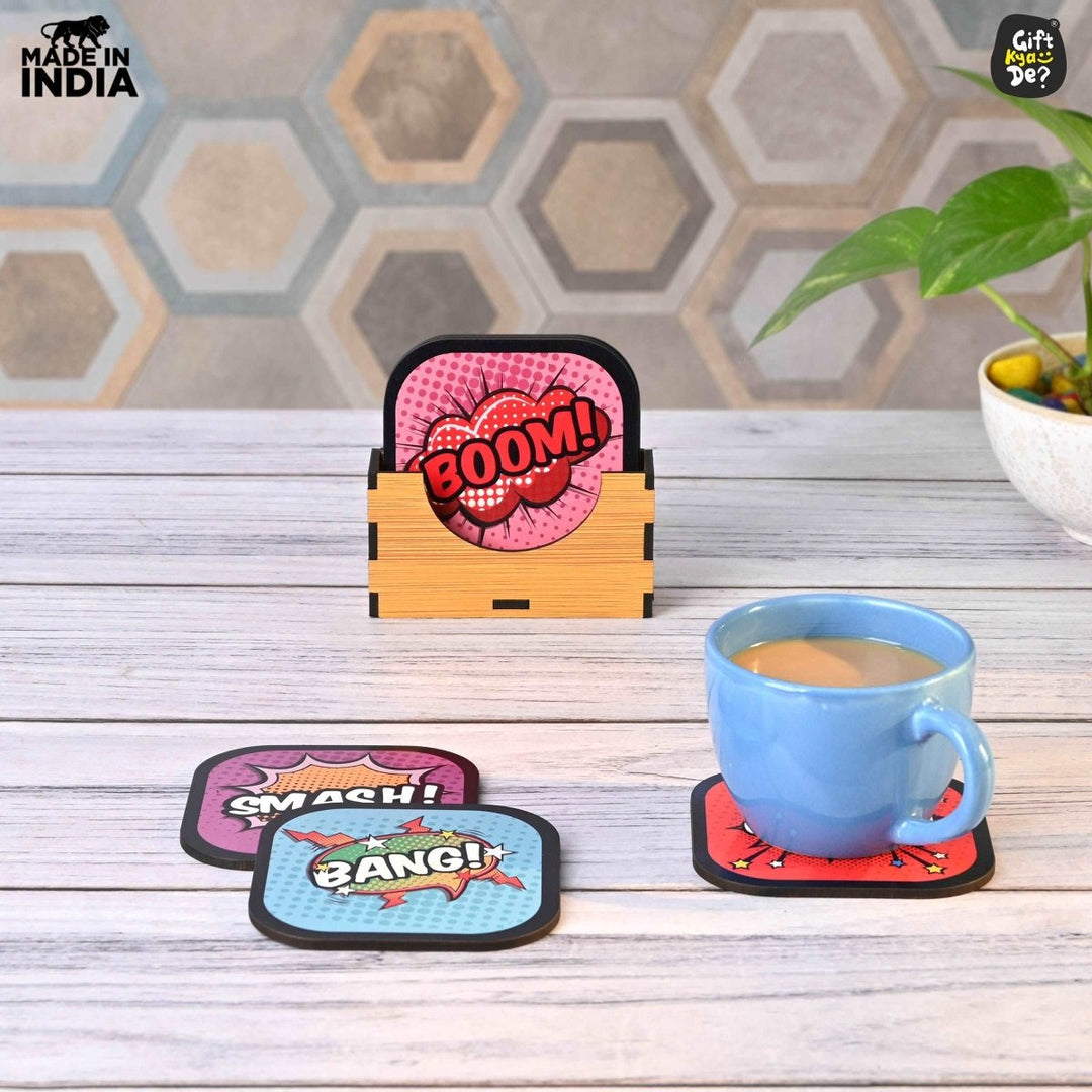 Gift Kya De Coaster Set of 6 Doodle & Emotive Design | Wooden Coasters With Coaster Stand | Kitchen Accessories (Ecofriendly)