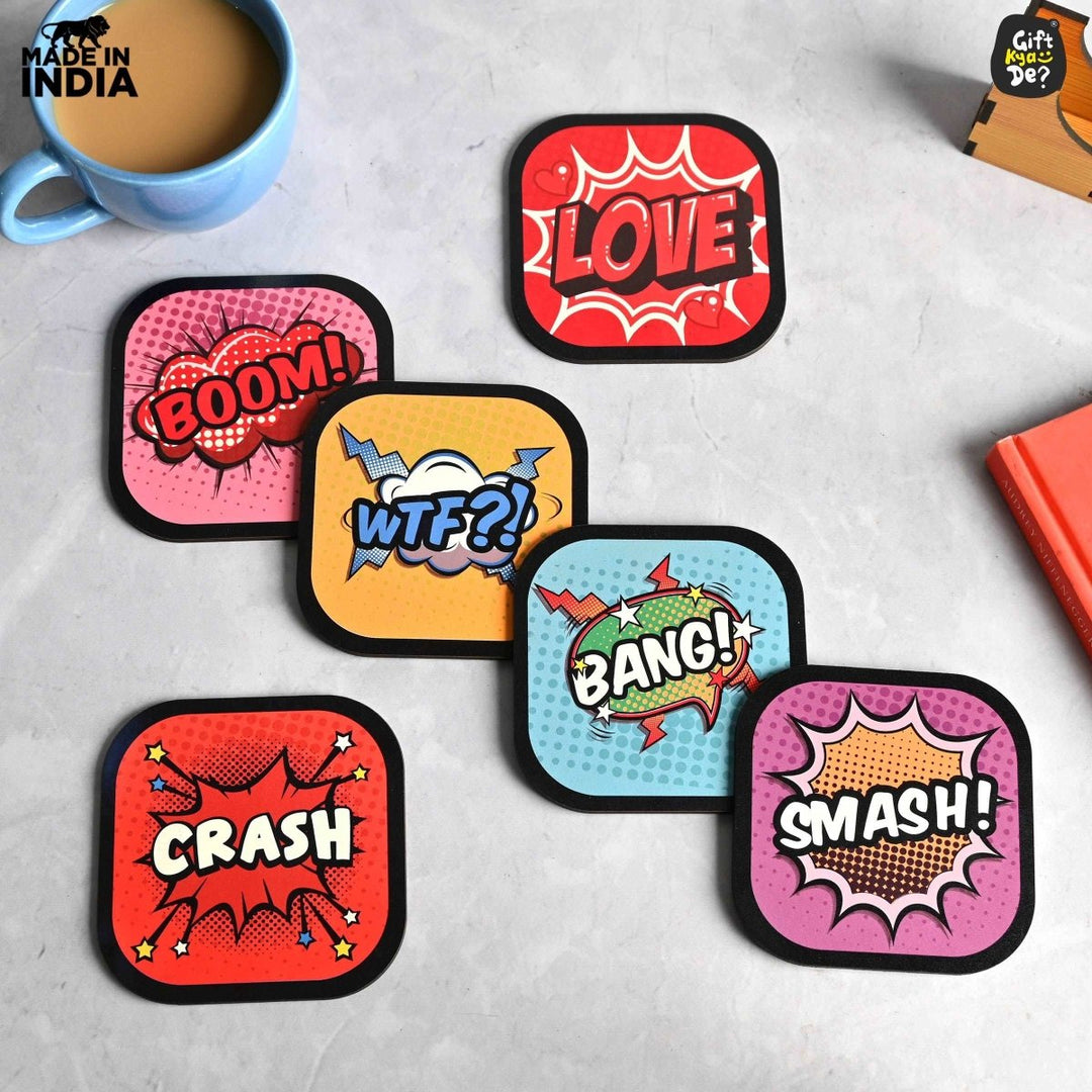 Gift Kya De Coaster Set of 6 Doodle & Emotive Design | Wooden Coasters With Coaster Stand | Kitchen Accessories (Ecofriendly)