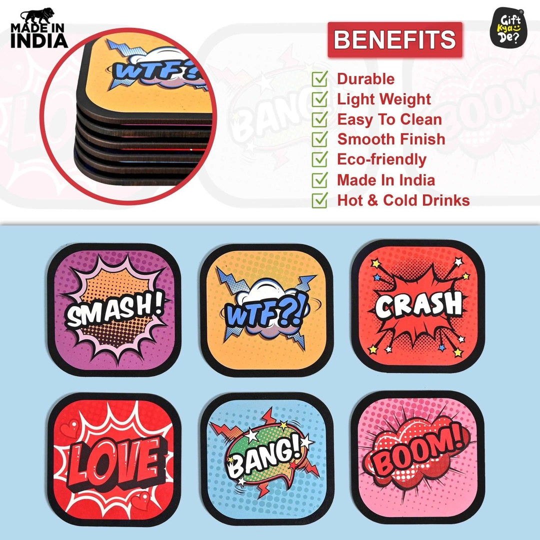 Gift Kya De Coaster Set of 6 Doodle & Emotive Design | Wooden Coasters With Coaster Stand | Kitchen Accessories (Ecofriendly)