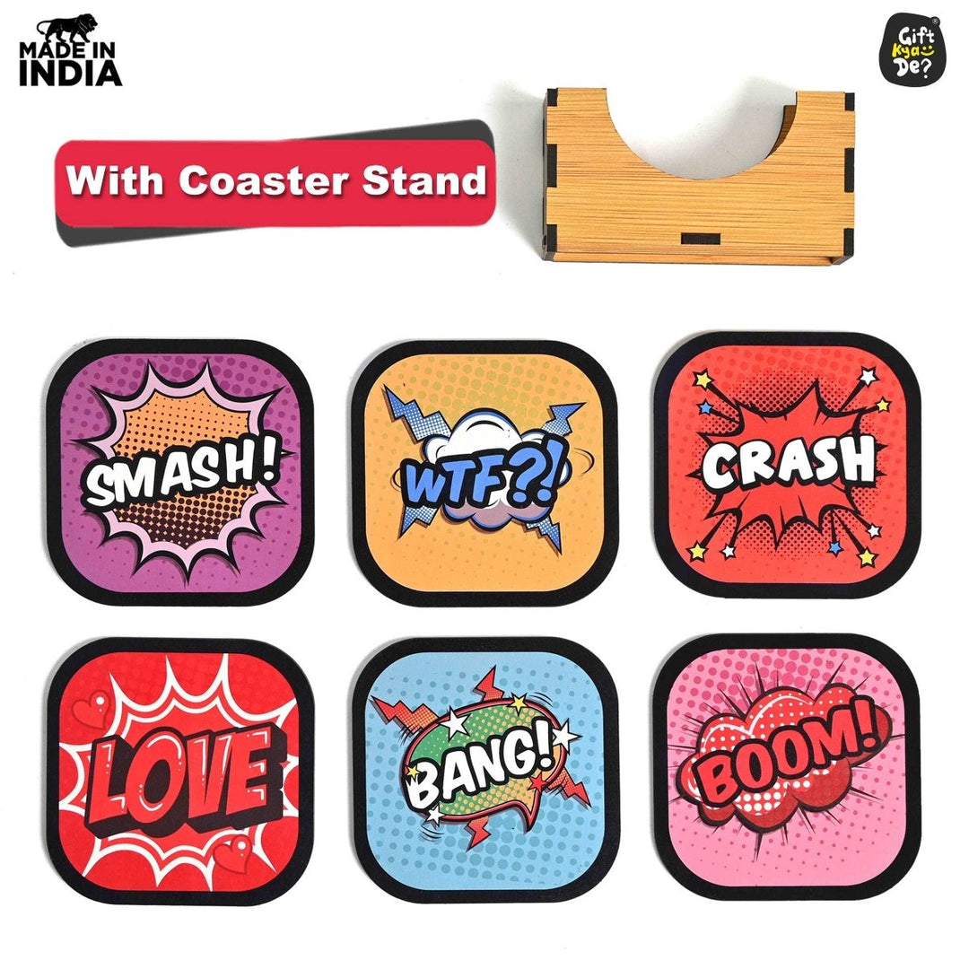 Gift Kya De Coaster Set of 6 Doodle & Emotive Design | Wooden Coasters With Coaster Stand | Kitchen Accessories (Ecofriendly)