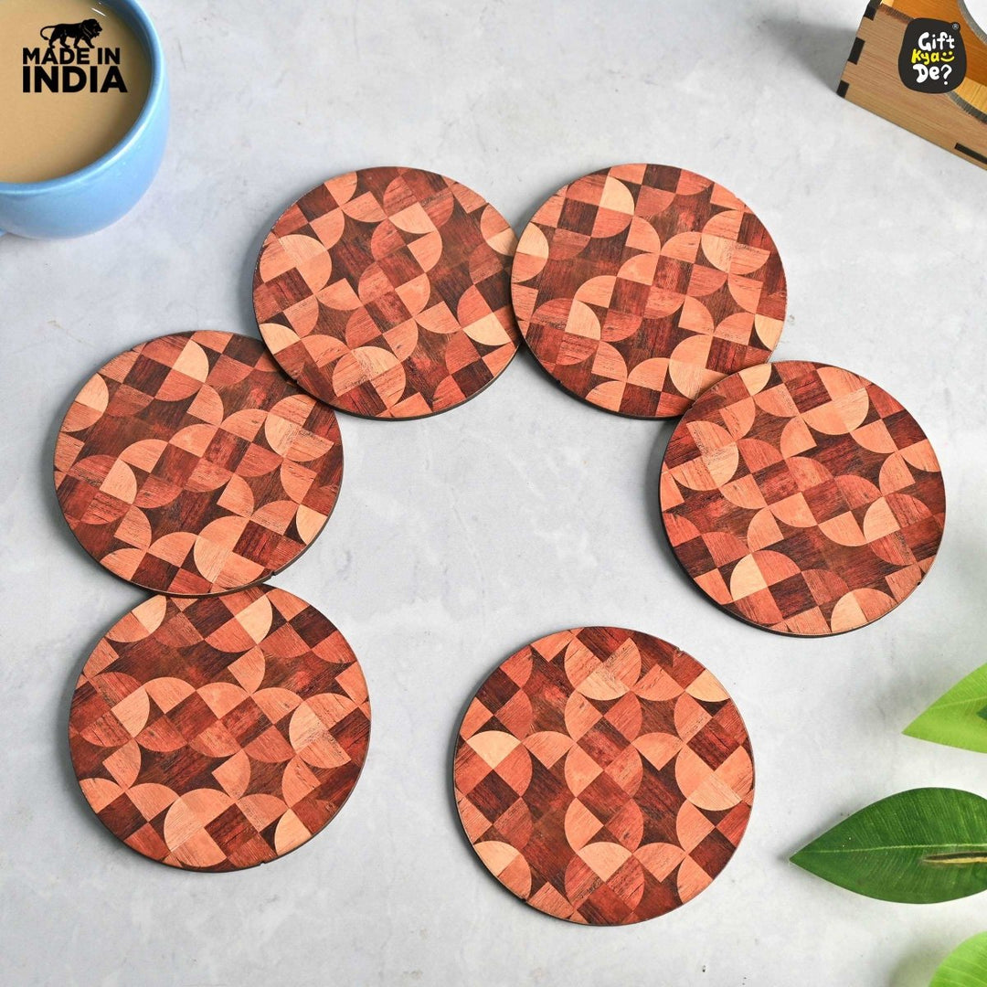 Gift Kya De Coaster Set of 6 Woody Design | Wooden Coasters With Coaster Stand | Kitchen Accessories (Ecofriendly)