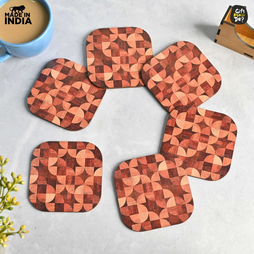 Gift Kya De Coaster Set of 6 Woody Design | Wooden Coasters With Coaster Stand | Kitchen Accessories (Ecofriendly)