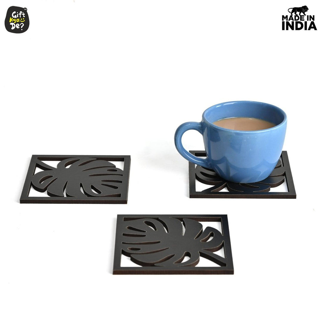 Gift Kya De Coaster Set of 6 Leaf Cutwork Design | Wooden Coasters to Serve Tea Cups, Coffee Mugs and Glasses