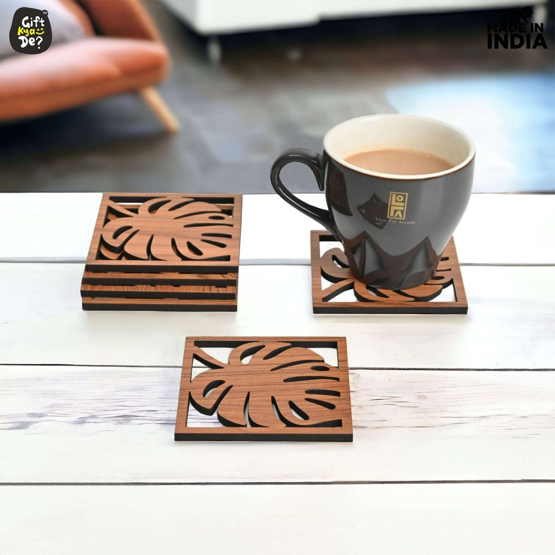 Gift Kya De Coaster Set of 6 Leaf Cutwork Design | Wooden Coasters to Serve Tea Cups, Coffee Mugs and Glasses