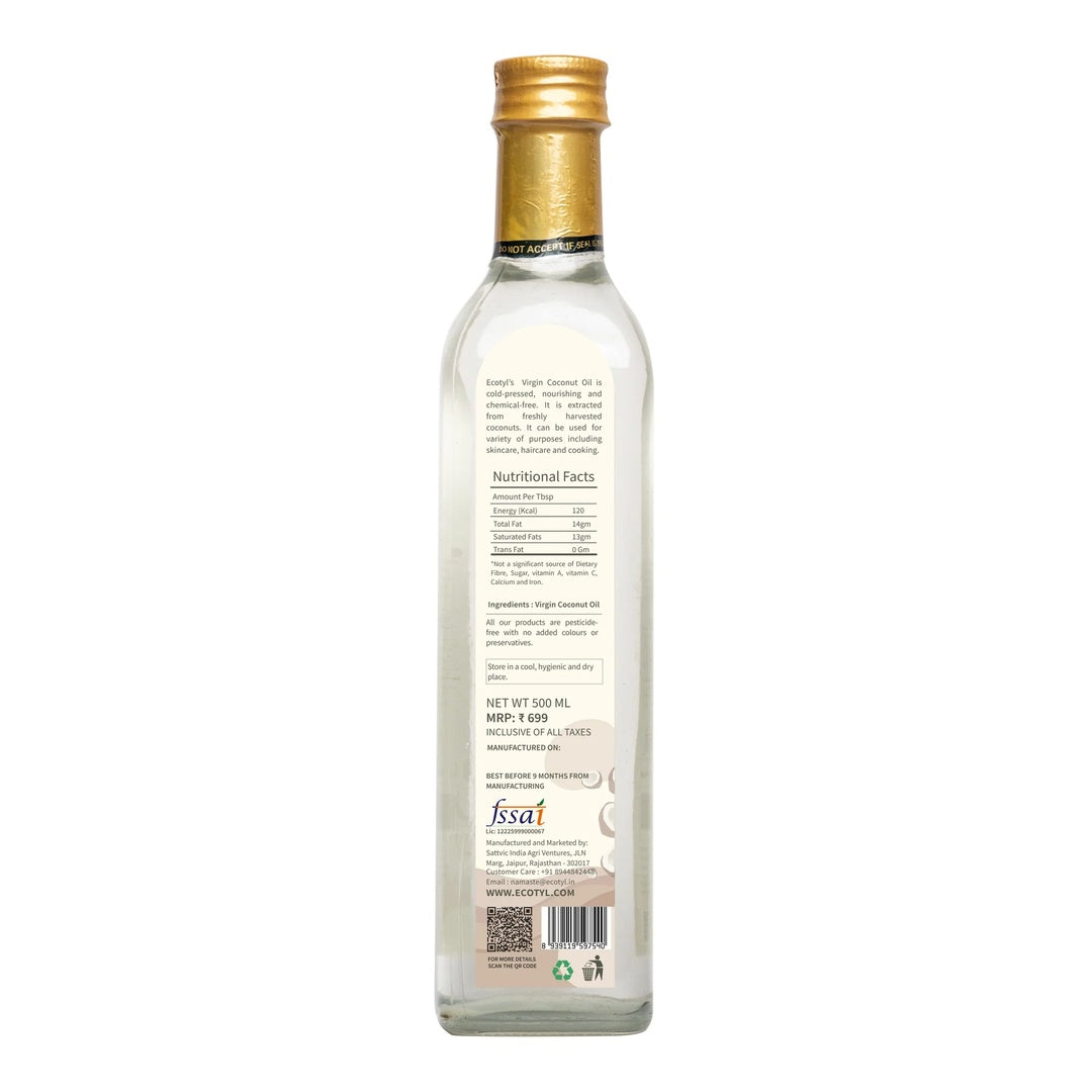 Ecotyl Cold-Pressed Virgin Coconut Oil | Kachi Ghani | Suitable for Cooking | 500ml
