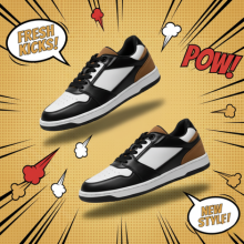 Black and white sneakers on a yellow background with comic book-style text and graphics.