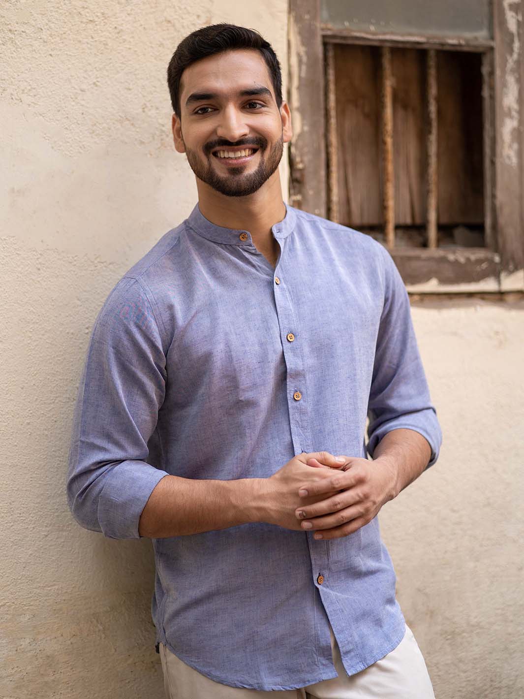 Earthy Route Steel blue · mandarin collar shirt