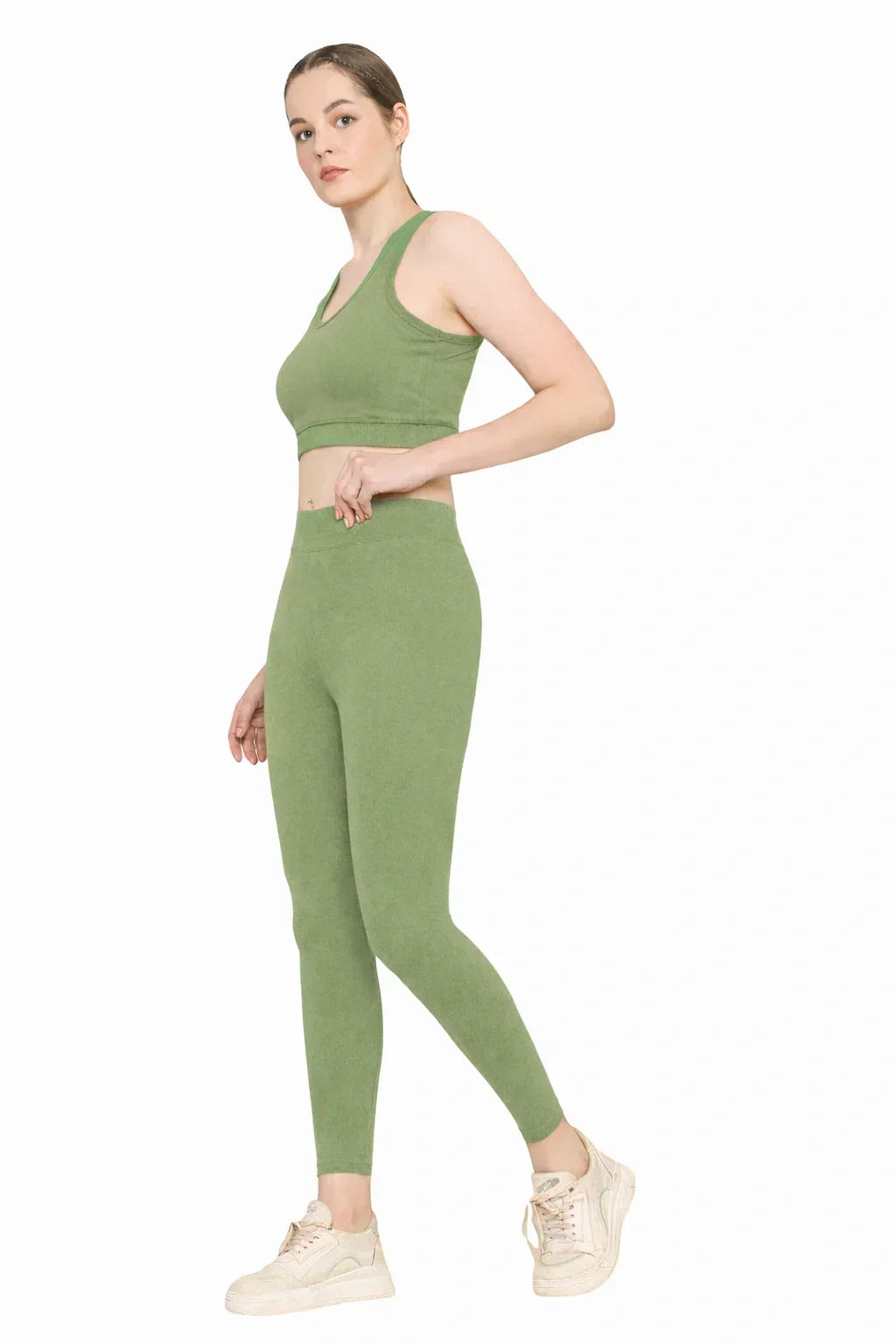 Green Yoga Pants High Waist Cotton Fabric Stretchable Gym Tights | Pack Of 1